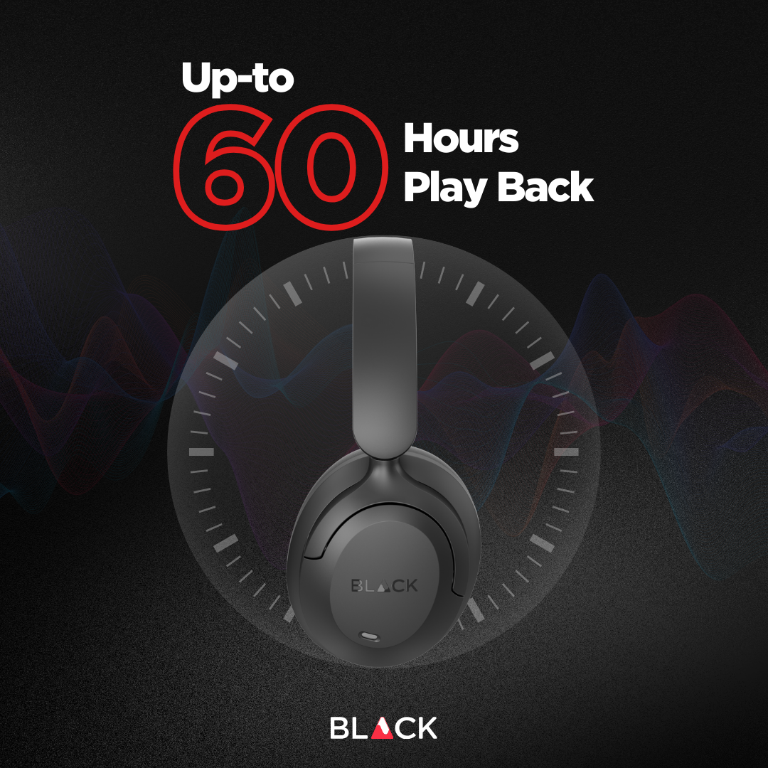 BLACK BassHead X Wireless Active Noise Cancellation Headphone with Travel Case, upto 60H Playtime, 1Yr Warranty
