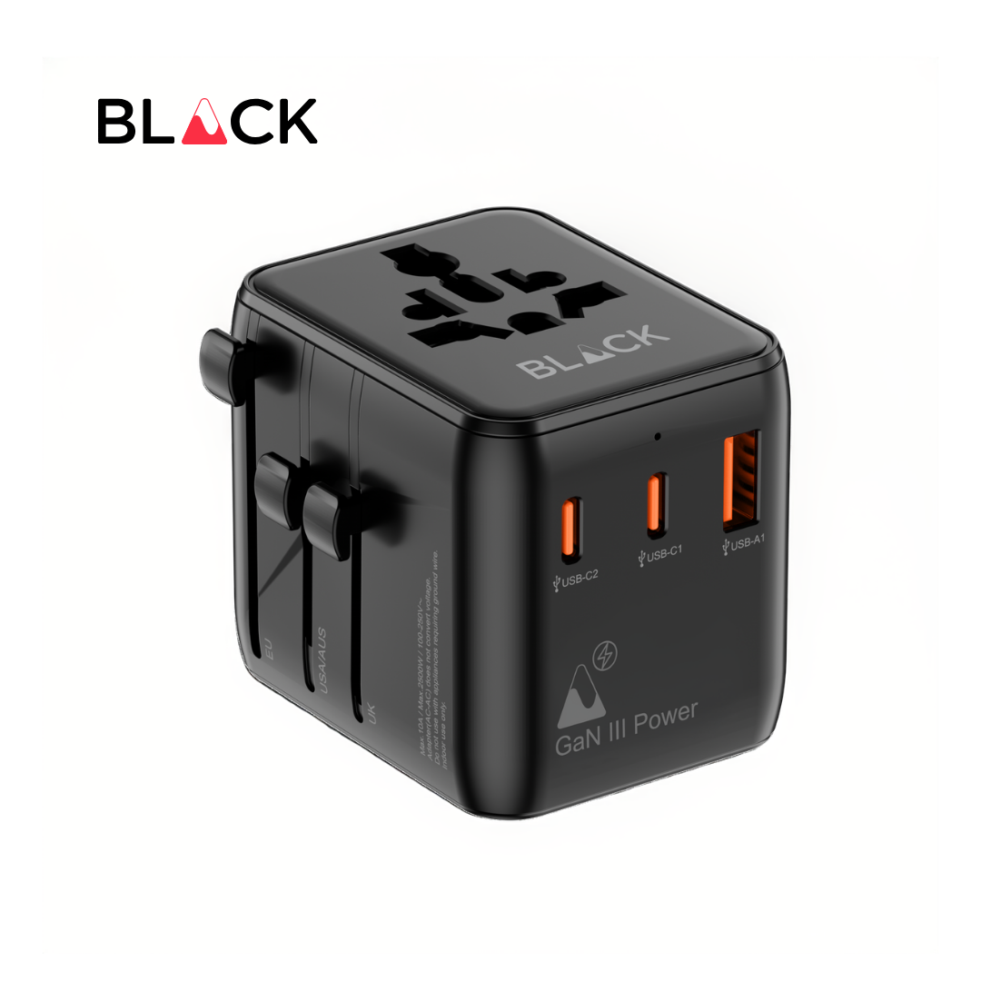 BLACK Power T All-in-1 Universal Travel Adapter, 30W GaN Fast Charging