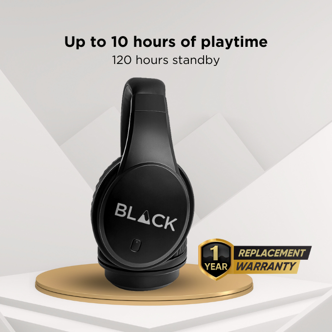 BLACK BassHead Wireless Bluetooth Headphone with mic, Upto 10H Playtime, 1Yr Warranty