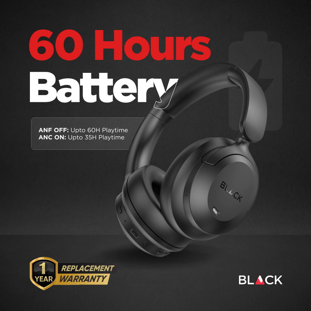 BLACK BassHead X Wireless Active Noise Cancellation Headphone with Travel Case, upto 60H Playtime, 1Yr Warranty