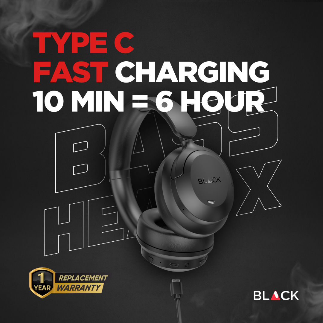 BLACK BassHead X Wireless Active Noise Cancellation Headphone with Travel Case, upto 60H Playtime, 1Yr Warranty