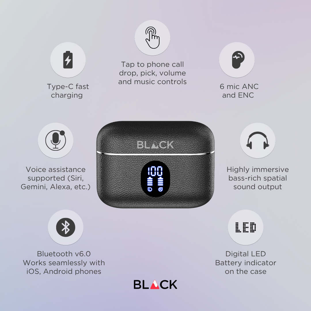 BLACK BassBuds X Hybrid 6 Mic ANC+ENC True Wireless (TWS) Earphones, Upto 45H Playtime, 1 Year Warranty