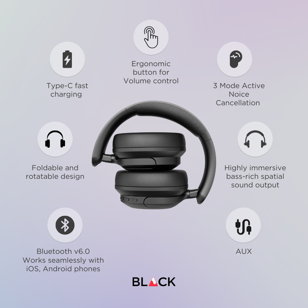 BLACK BassHead X Wireless Active Noise Cancellation Headphone with Travel Case, upto 60H Playtime, 1Yr Warranty
