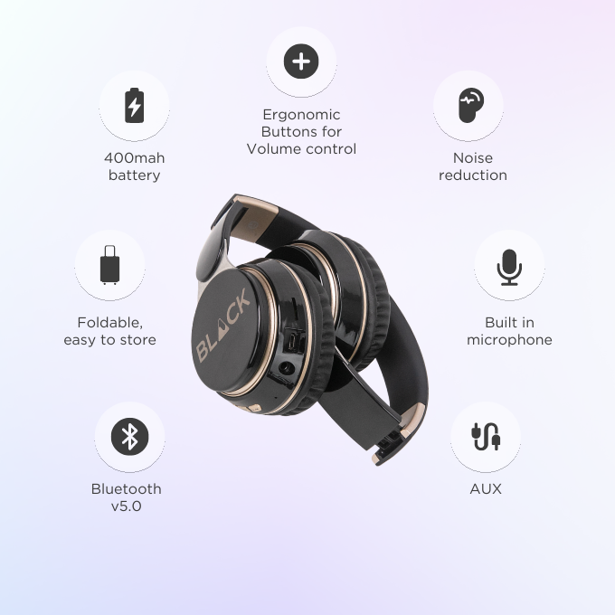 BLACK BassHead 2 Wireless Bluetooth Headphone with mic, Upto 10H Playtime, 1Yr Warranty