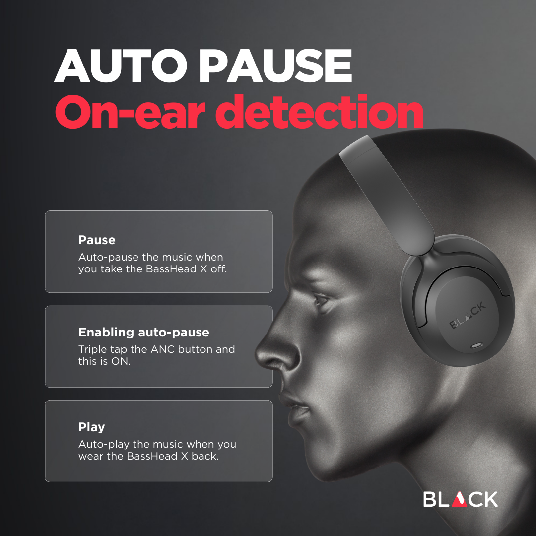 BLACK BassHead X Wireless Active Noise Cancellation Headphone with Travel Case, upto 60H Playtime, 1Yr Warranty